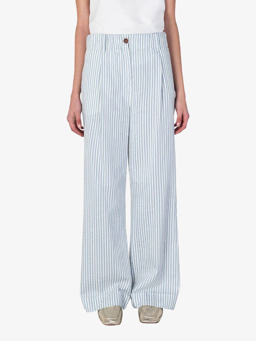 ALYSI Pantalone wide leg a righe 104121P4041 donna cotone azzurro Consegna Veloce