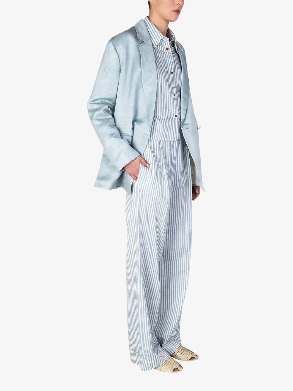 ALYSI Pantalone wide leg a righe 104121P4041 donna cotone azzurro Consegna Veloce
