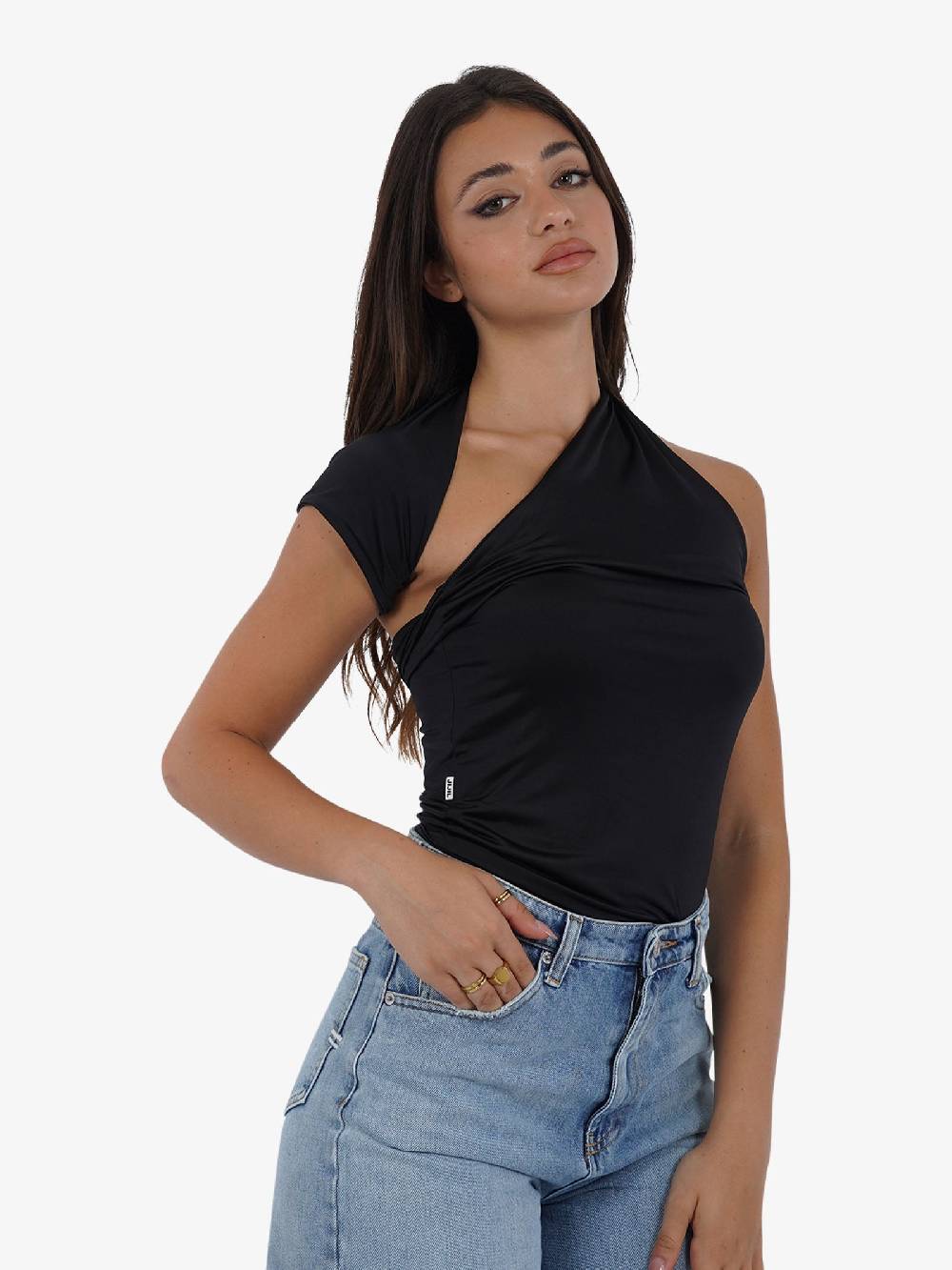 JIJIL T-shirt top monospalla asimmetrico TS217 donna nero Economico