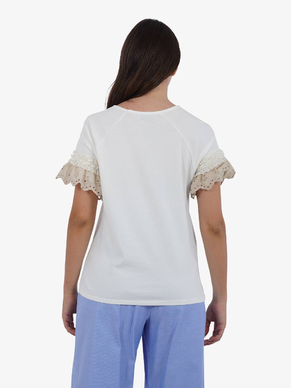 HAVE ONE T-shirt con manica ricamo TJA-L065 donna cotone bianco In Vendita