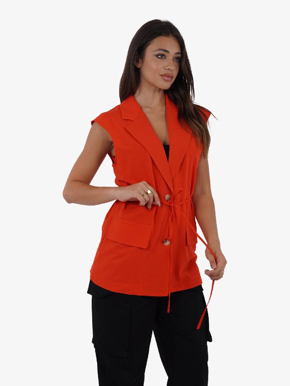 VICOLO Gilet lungo con laccio TB1545 donna viscosa rosso Nuovo