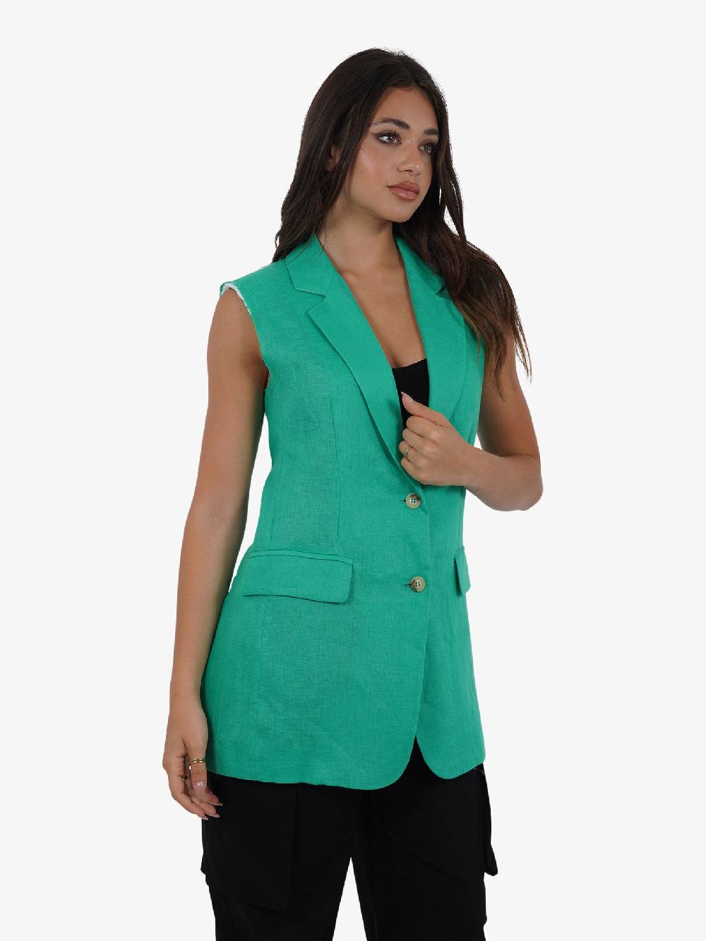 VICOLO Gilet lungo monopetto TB0787 donna lino verde Promozione