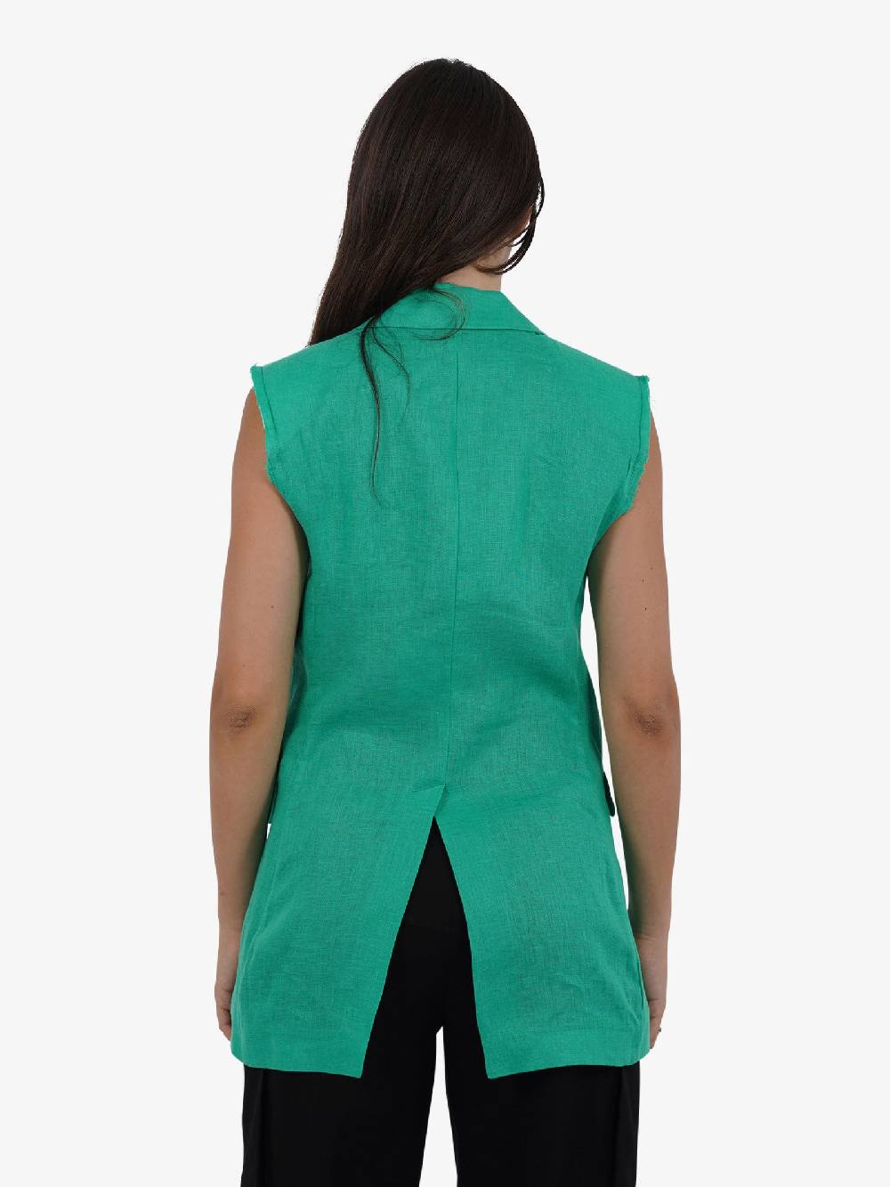 VICOLO Gilet lungo monopetto TB0787 donna lino verde Promozione