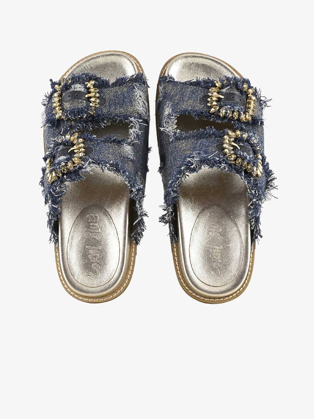 CORAL BLUE Ciabatte gioiello denim sfrangiato CB.K224.23 donna pelle blu Nuova