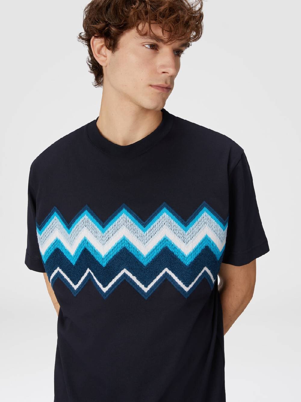 M Missoni T-shirt in jersey di cotone con ricamo zig zag Vendita Calda