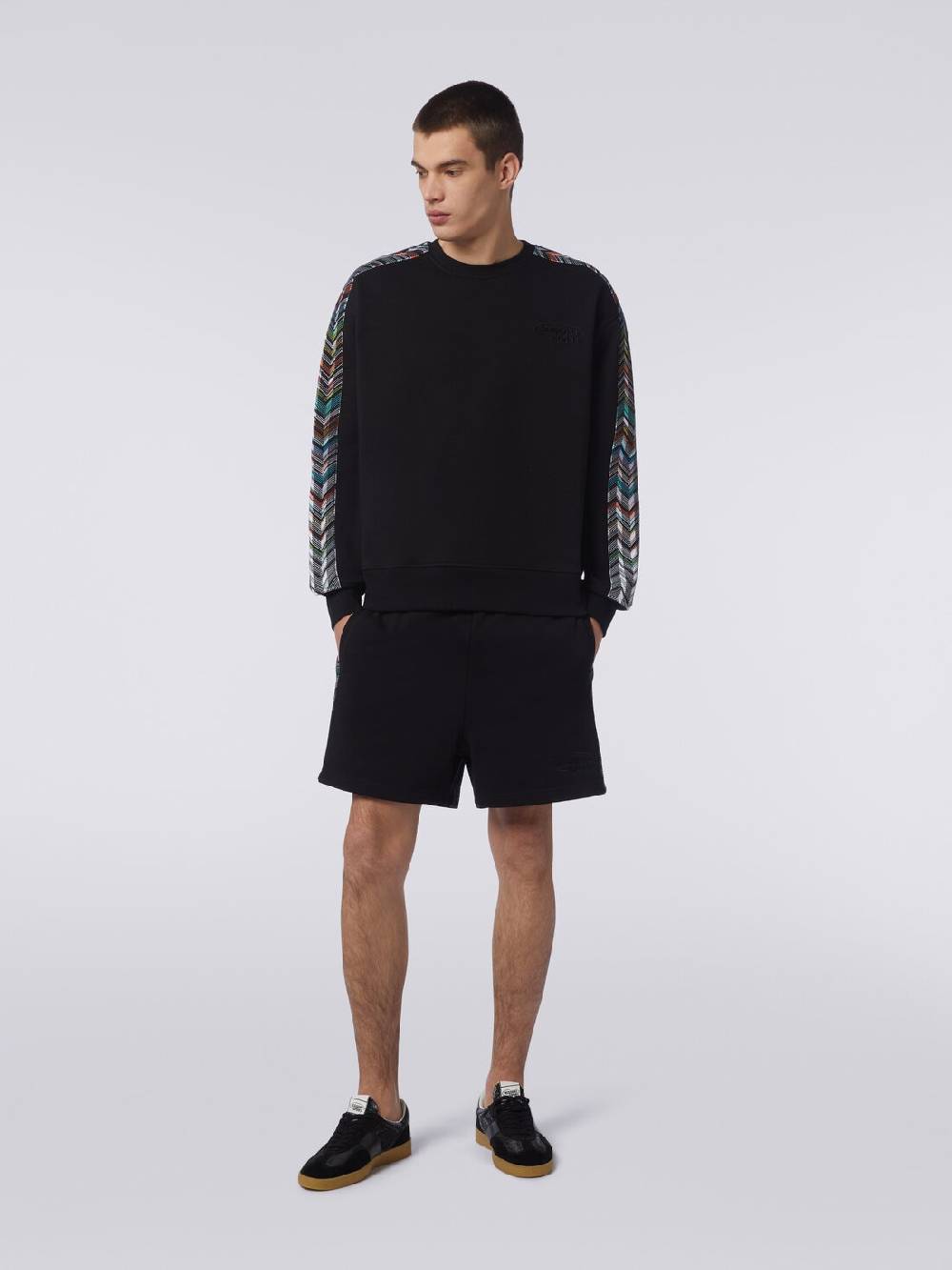 M Missoni Felpa girocollo in cotone con dettagli in maglia zig zag