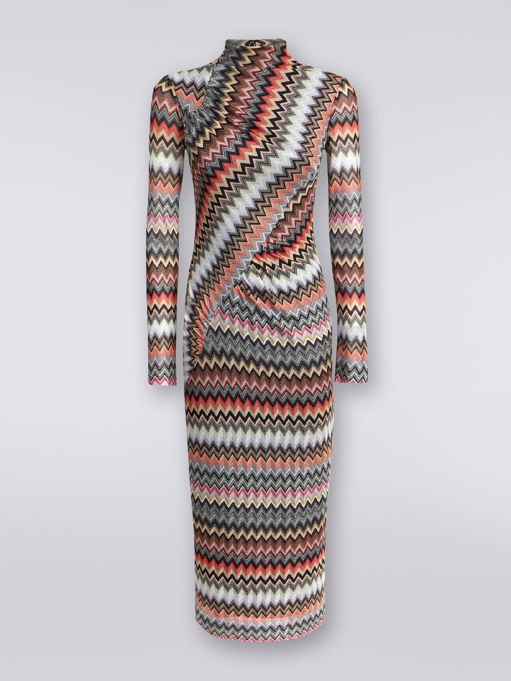 M Missoni Abito lungo con collo alto in cotone e viscosa zig zag con arricciature Prezzo Ridotto