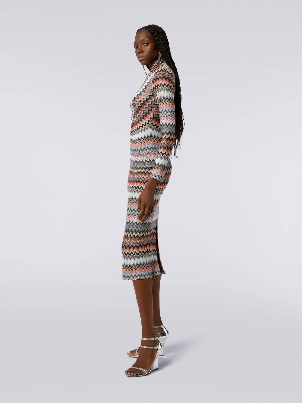 M Missoni Abito lungo con collo alto in cotone e viscosa zig zag con arricciature Prezzo Ridotto