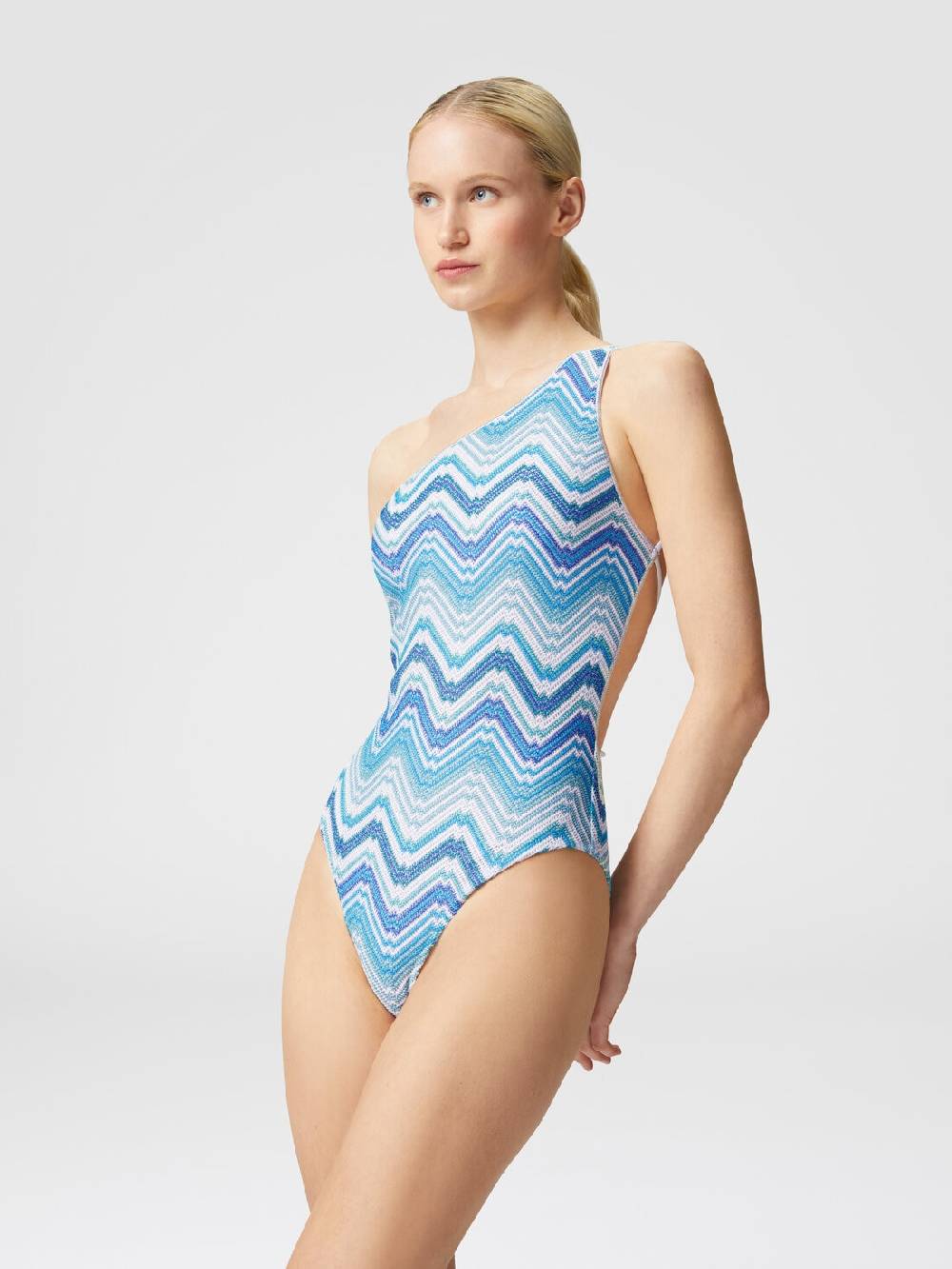 M Missoni Costume intero monospalla in crochet chevron con lurex Vendita Economica