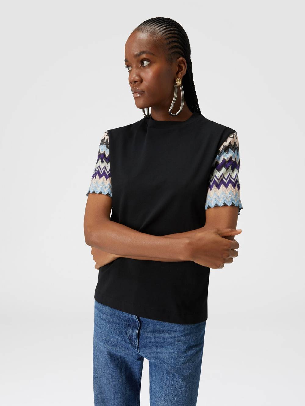 M Missoni T-shirt in jersey di cotone con maniche in maglia zig zag Ritorno libero