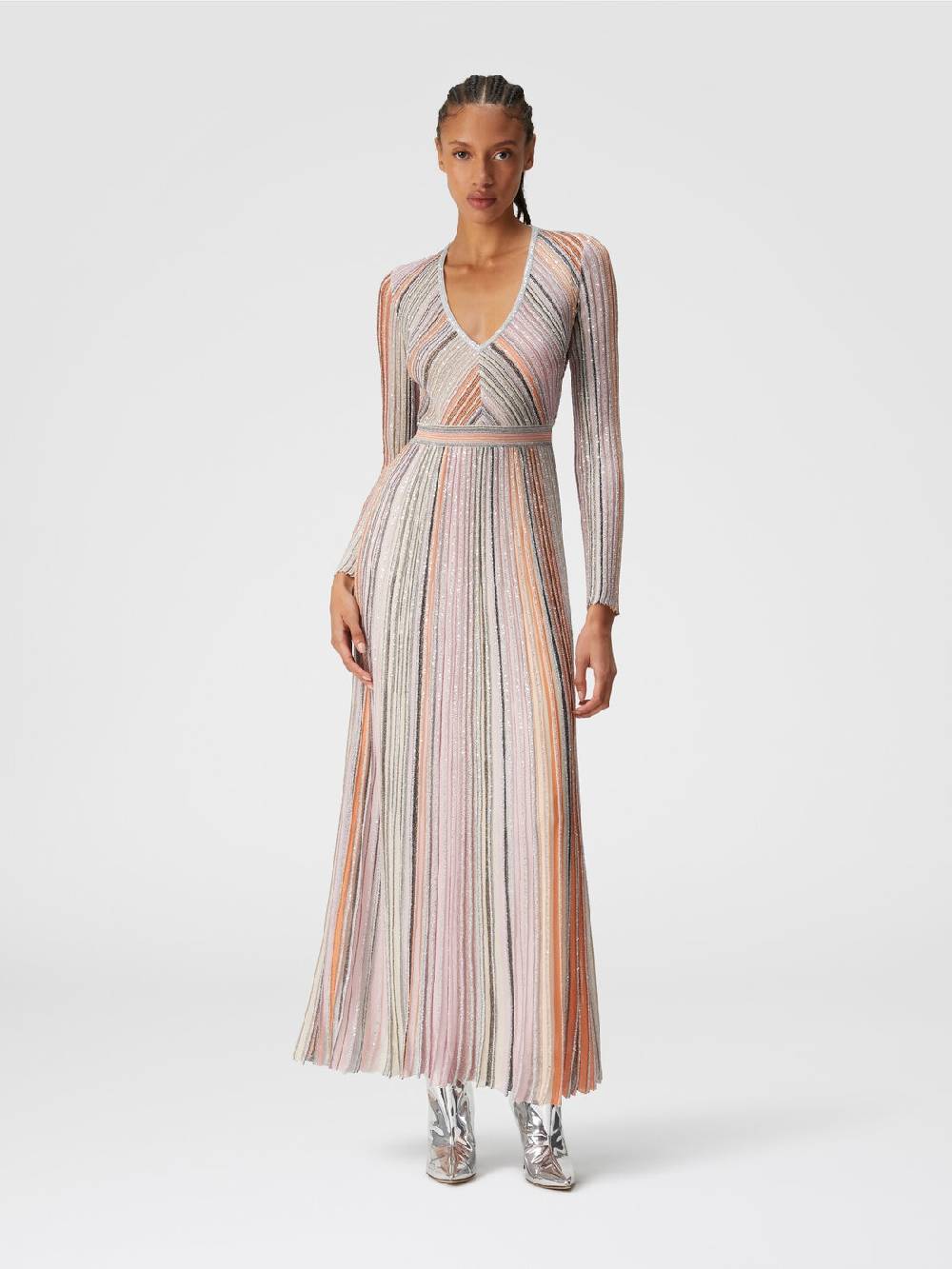M Missoni Abito lungo in maglia plissée lamé Vendita Calda