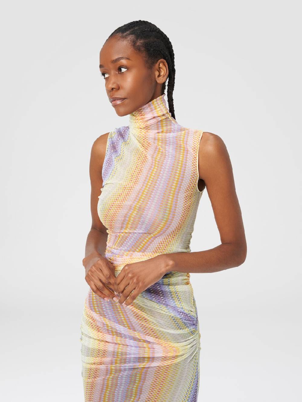 M Missoni Abito lungo a collo alto in tulle con arricciature laterali Officina