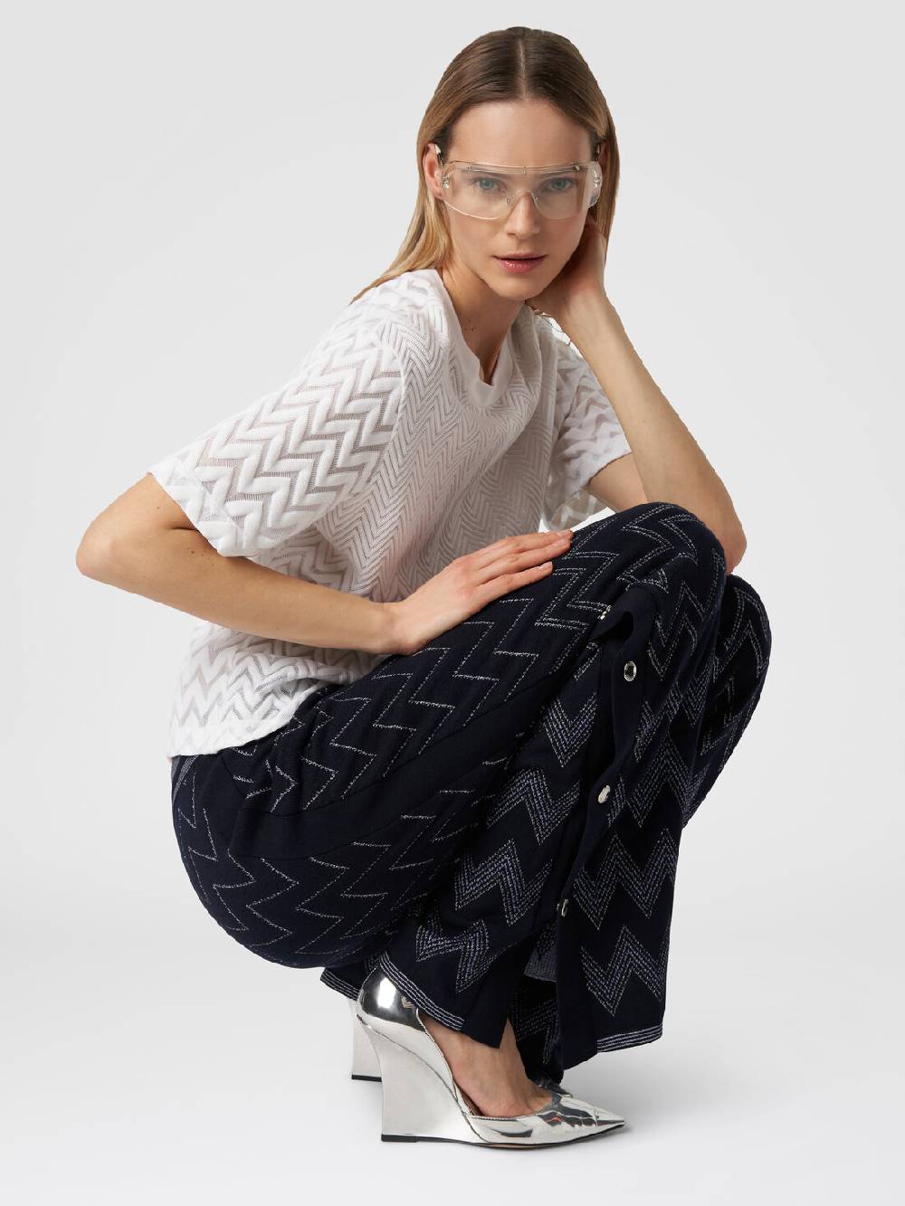 M Missoni Joggers in lana e viscosa zig zag con lurex Nuova
