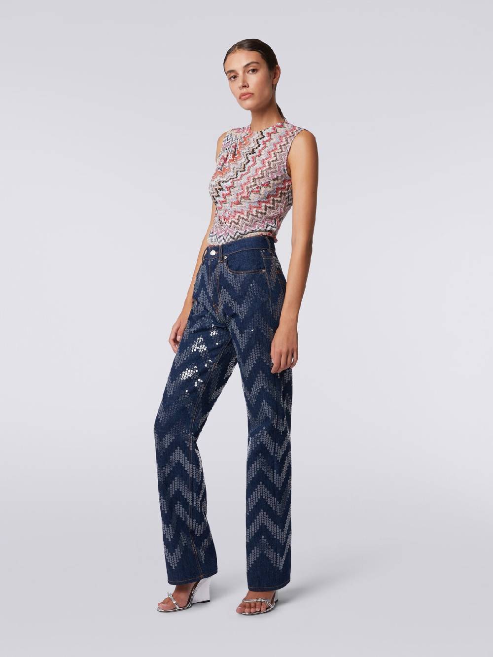 M Missoni Cinque tasche in denim con paillettes zig zag Offerta San Valentino