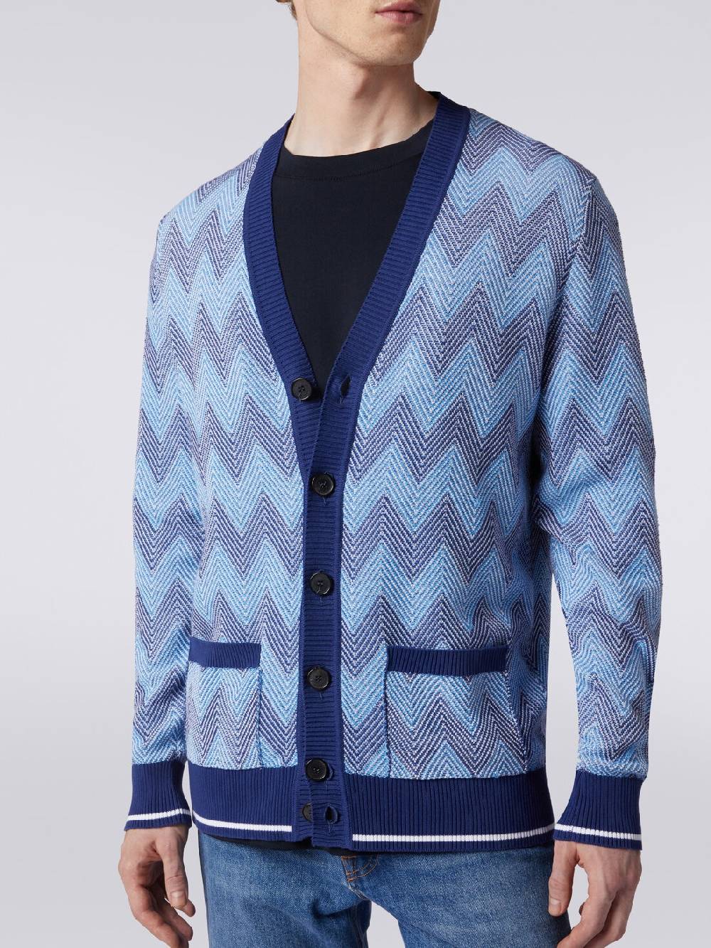 M Missoni Cardigan in maglia di cotone chevron con profili a contrasto Nuovi prodotti