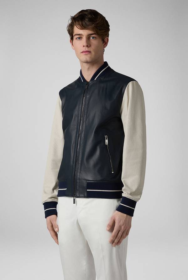 Pal Zileri Varsity Jacket in nappa bicolore blu e panna Soddisfazione Garantita