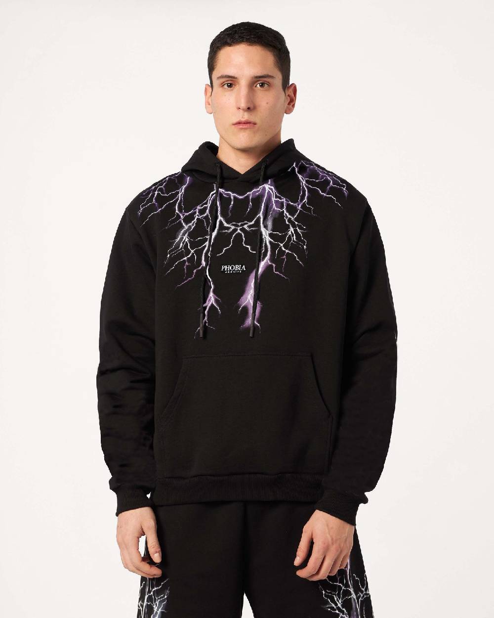 Phobia Archive FELPA CON CAPPUCCIO NERA CON FULMINI VIOLA GRIGIO FUCHSIA Promozione Limitata