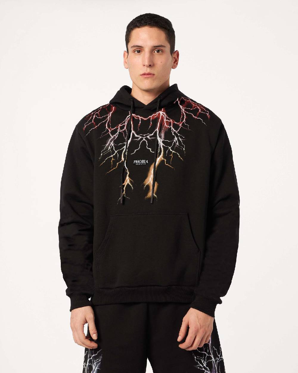 Phobia Archive FELPA CON CAPPUCCIO NERA CON FULMINI ROSSO GRIGIO ARANCIONI Fino Al -60%