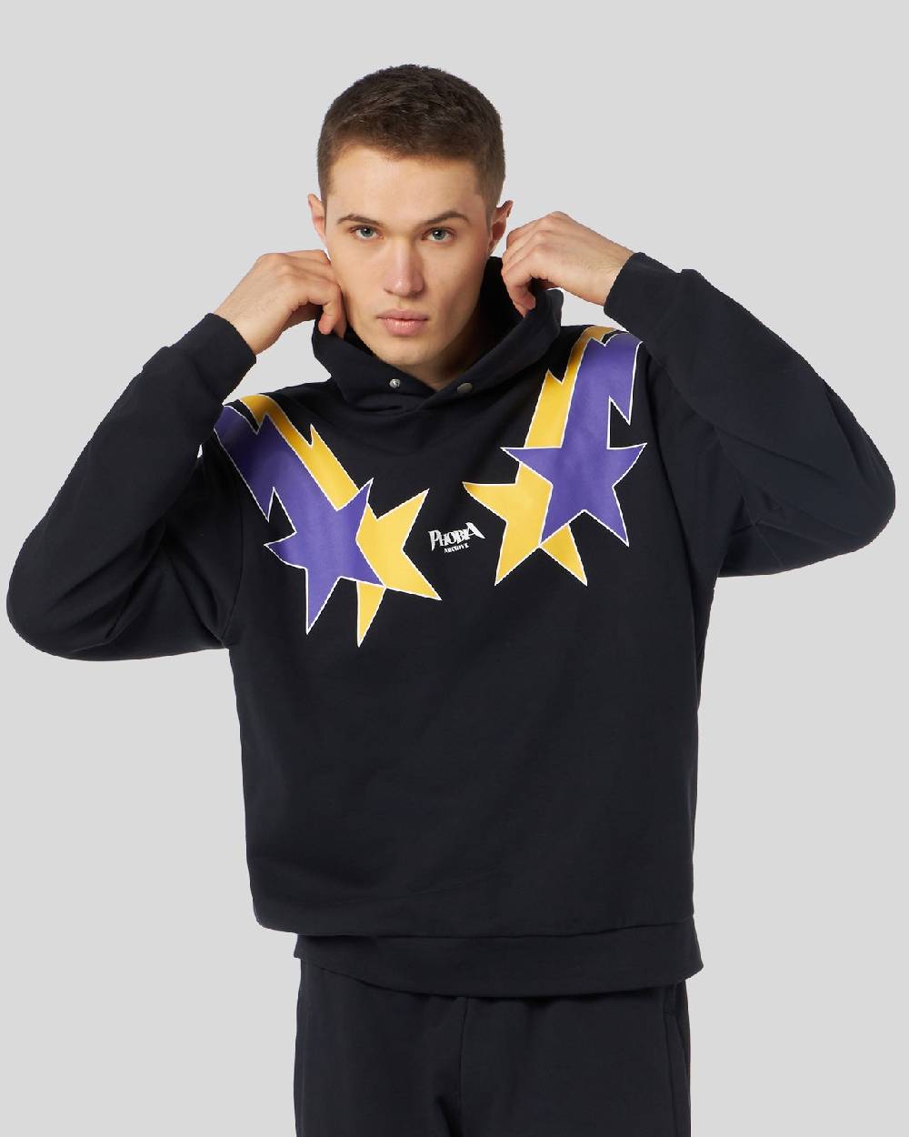 Phobia Archive FELPA NERA CON GRAFICA STARRY LIGHTNING GIALLA E VIOLA Offerta