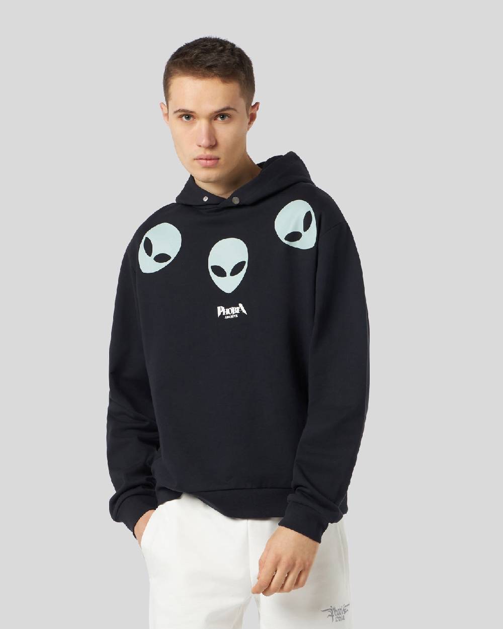Phobia Archive FELPA NERA CON GRAFICA TRIPLE ALIEN FOSFORESCENTE Economico