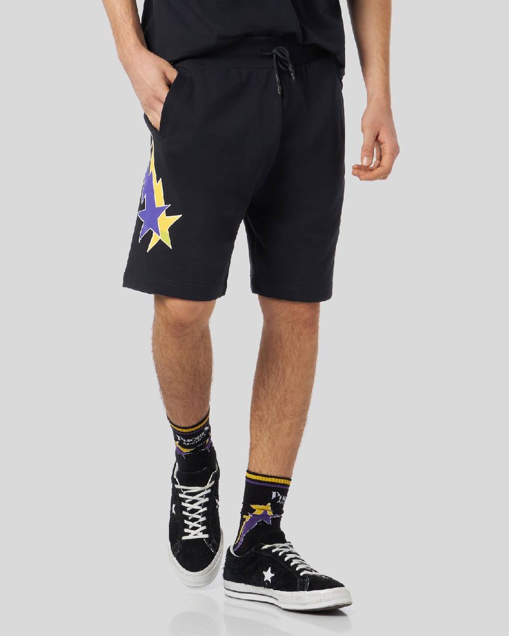 Phobia Archive PANTALONCINO NERO CON GRAFICA STARRY LIGHTNING GIALLA E VIOLA Vendite Flash