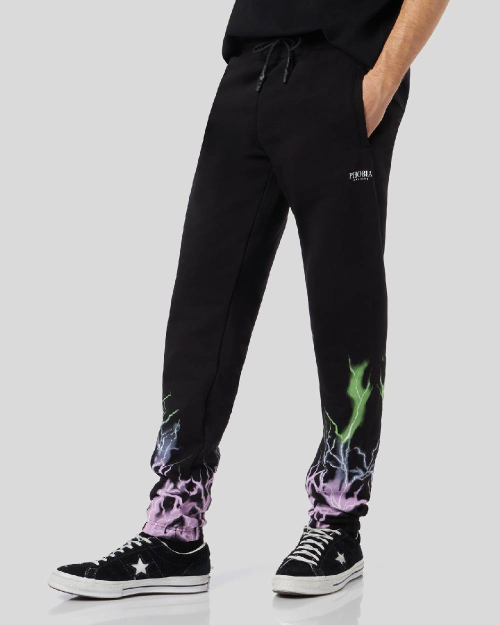 Phobia Archive PANTALONCINO NERO CON STAMPA FULMINE BICOLORE VIOLA E VERDE Nuovo