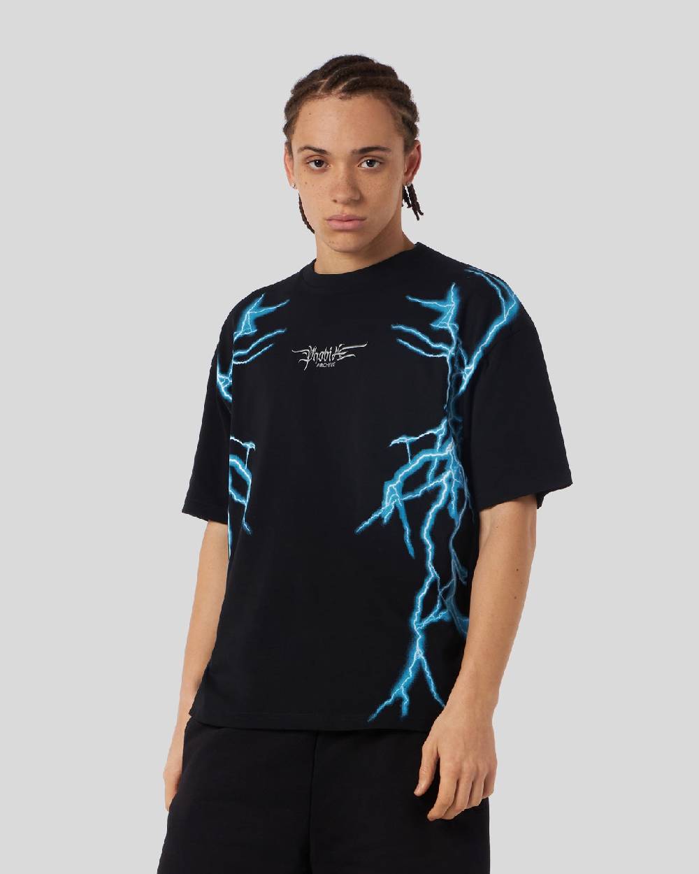 Phobia Archive T-SHIRT NERA CON FULMINI LATERALI AZZURRI Sottocosto
