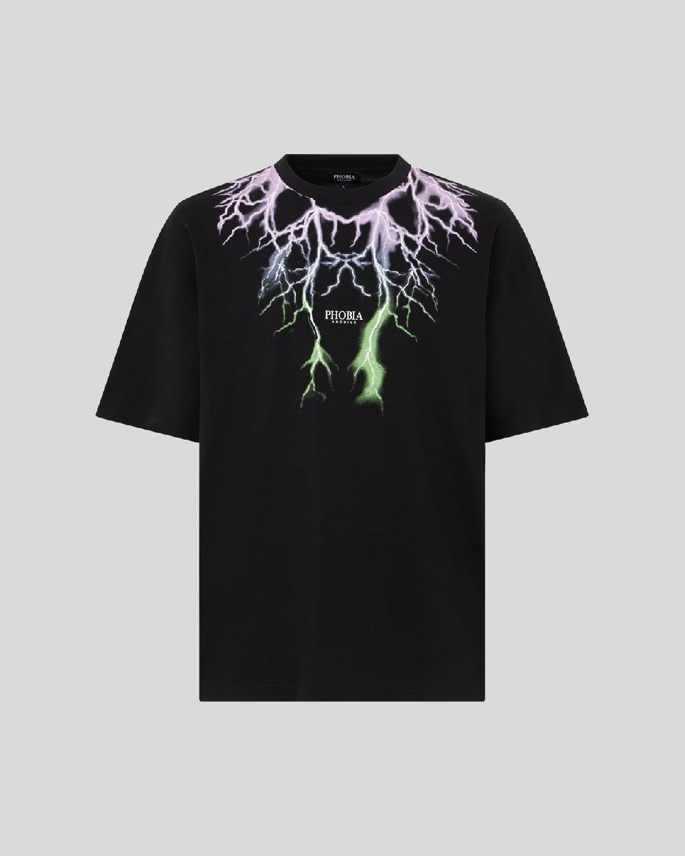 Phobia Archive T-SHIRT NERA CON FULMINI BICOLORE VIOLA E VERDE