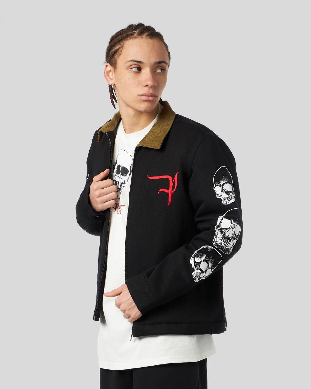 Phobia Archive GIACCA CARGO NERA CON GRAFICA TRIPLE SKULL BIANCA E LOGO GOTIC P Promozione