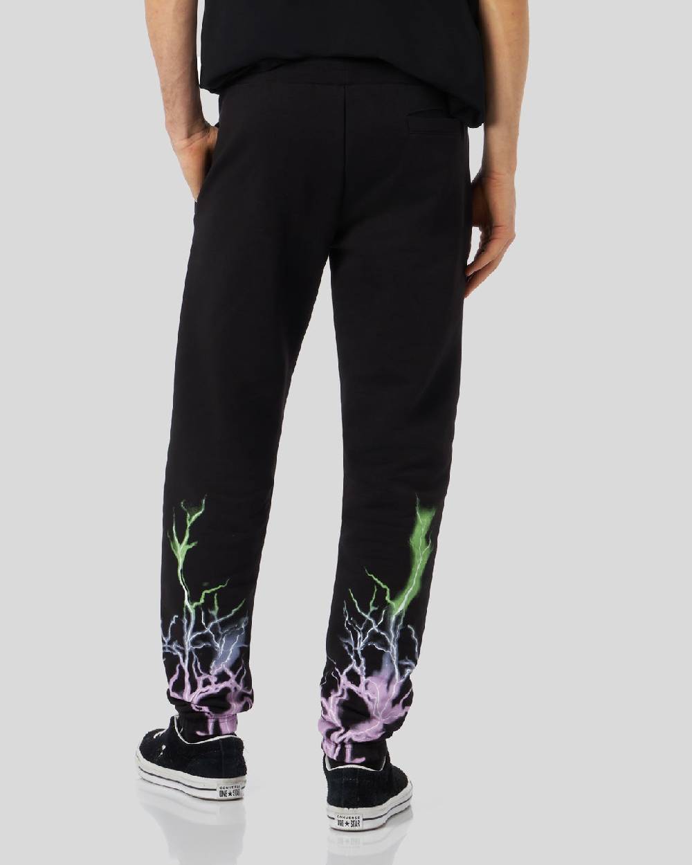 Phobia Archive PANTALONCINO NERO CON STAMPA FULMINE BICOLORE VIOLA E VERDE Pezzi Unici