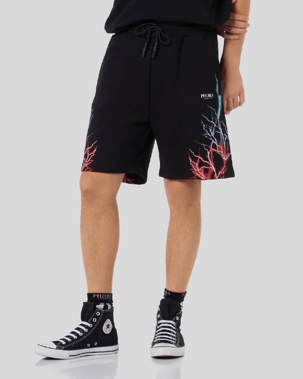 Phobia Archive PANTALONCINO NERO CON FULMINI BICOLORE ROSSO E BLU Shopping Online