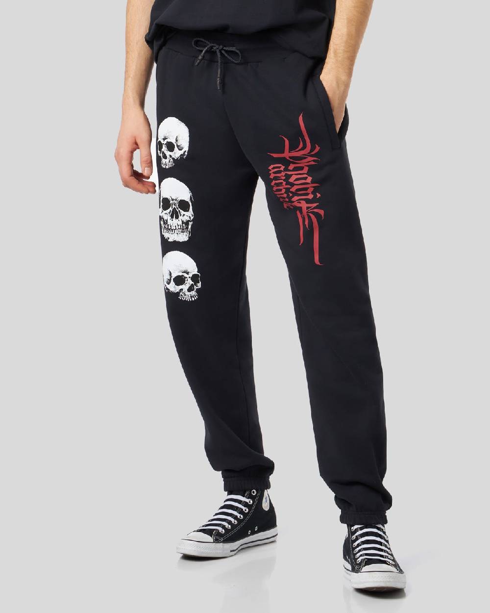 Phobia Archive PANTALONE NERO CON STAMPA TRIPLE SKULL ROSSA Qualità