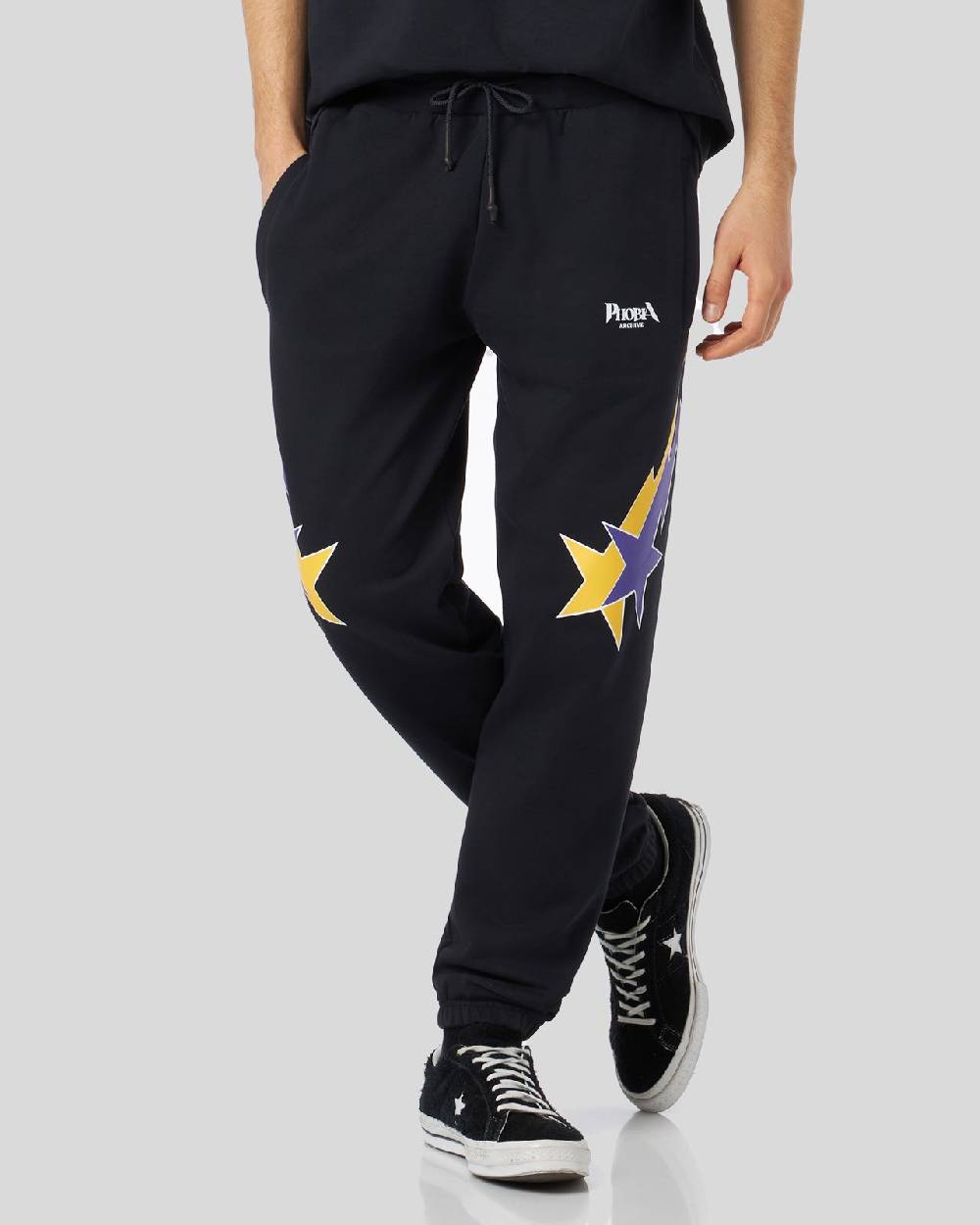 Phobia Archive PANTALONE NERO CON STAMPA STARRY LIGHTNING GIALLA E VIOLA Soddisfazione Garantita