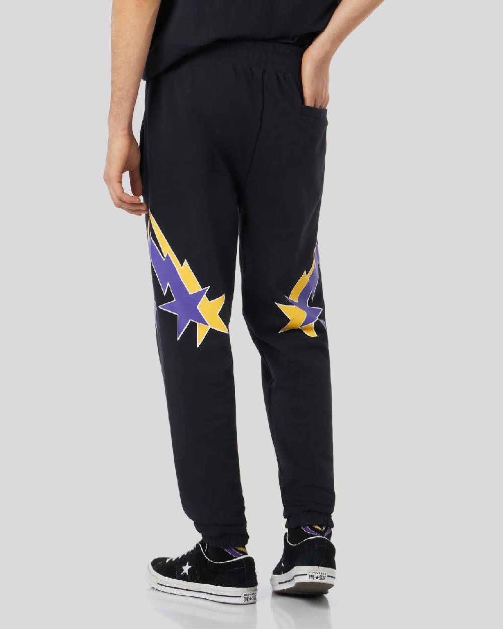 Phobia Archive PANTALONE NERO CON STAMPA STARRY LIGHTNING GIALLA E VIOLA Soddisfazione Garantita