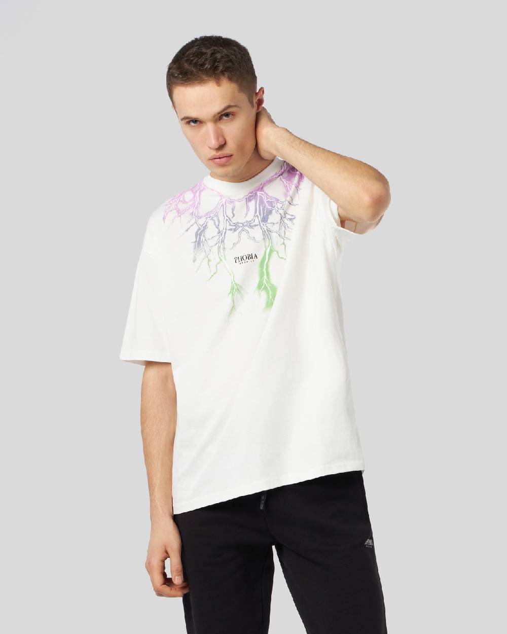 Phobia Archive T-SHIRT BIANCA CON FULMINI BICOLORE VIOLA E VERDE Affare Del Giorno