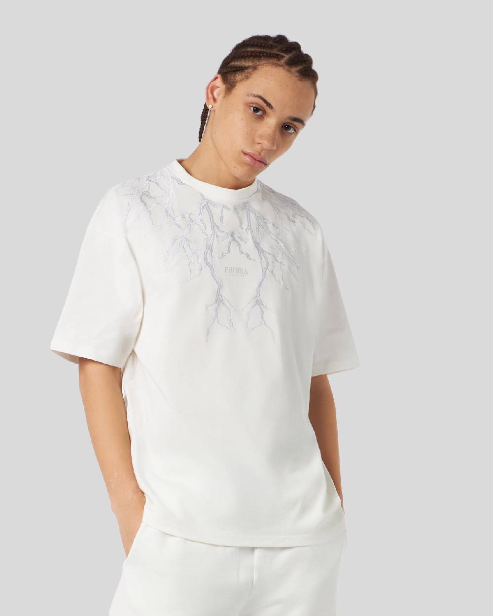 Phobia Archive T-SHIRT BIANCA CON FULMINI RICAMATI GRIGI Shopping online