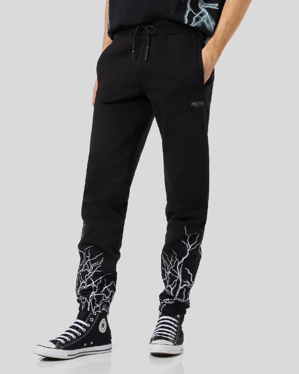 Phobia Archive PANTALONE NERO CON FULMINI RICAMATI GRIGI Saldi Di Fabbrica