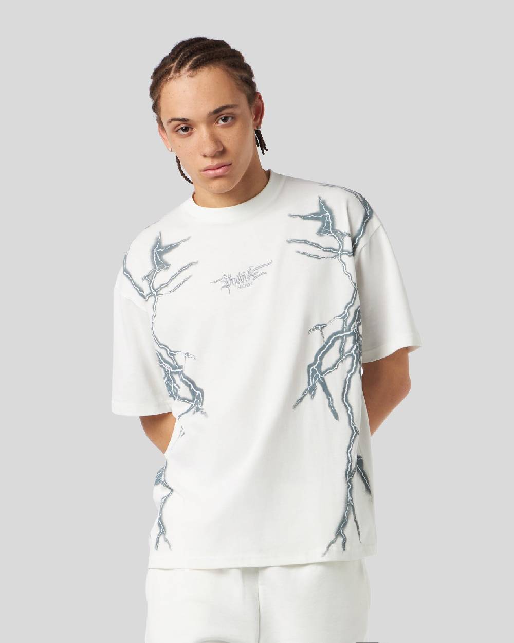 Phobia Archive T-SHIRT BIANCA CON FULMINI LATERALI GRIGI In Saldo