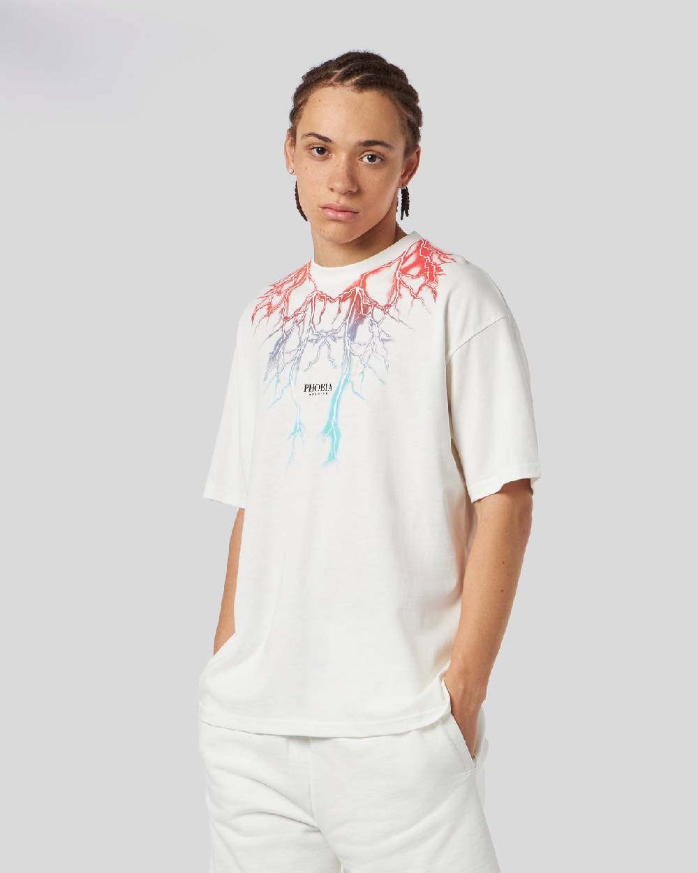 Phobia Archive T-SHIRT BIANCA CON FULMINI BICOLORE ROSSO E BLU Nuova