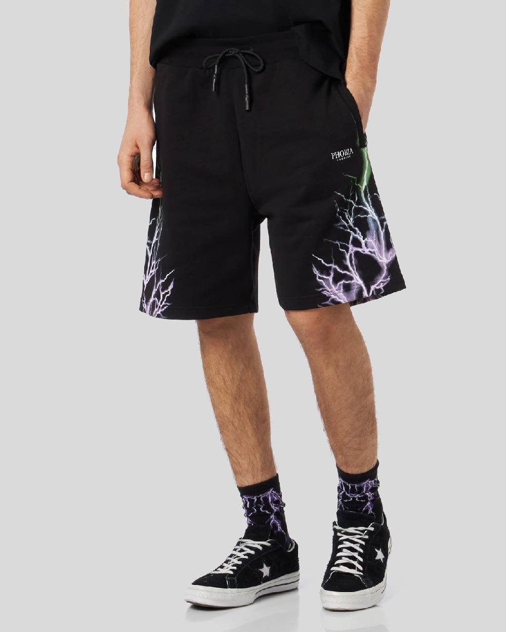 Phobia Archive PANTALONCINO NERO CON FULMINI BICOLORE VIOLA E VERDE Moda