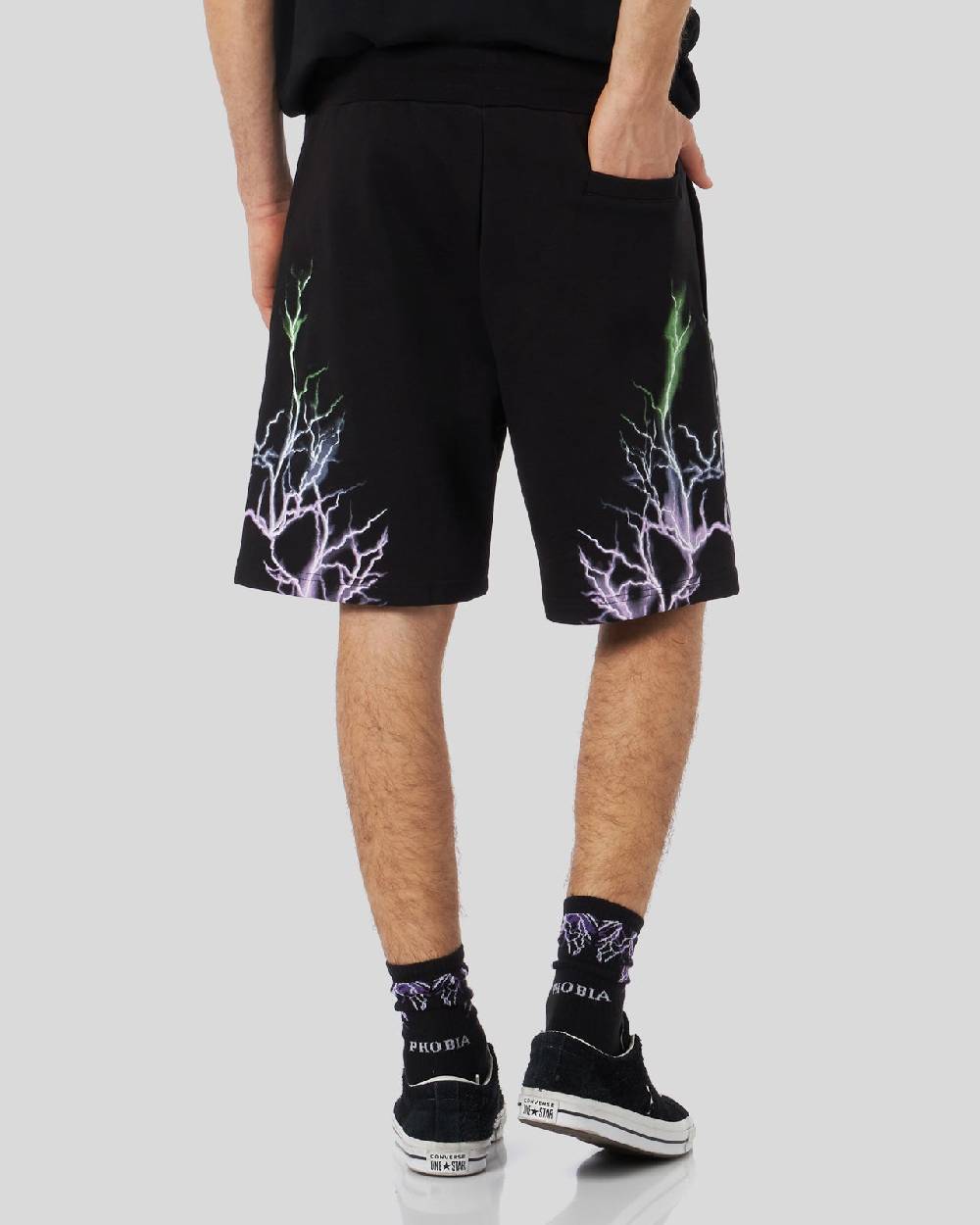 Phobia Archive PANTALONCINO NERO CON FULMINI BICOLORE VIOLA E VERDE Moda