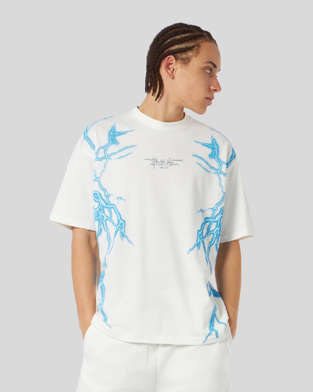 Phobia Archive T-SHIRT BIANCA CON FULMINI LATERALI AZZURRI 2025
