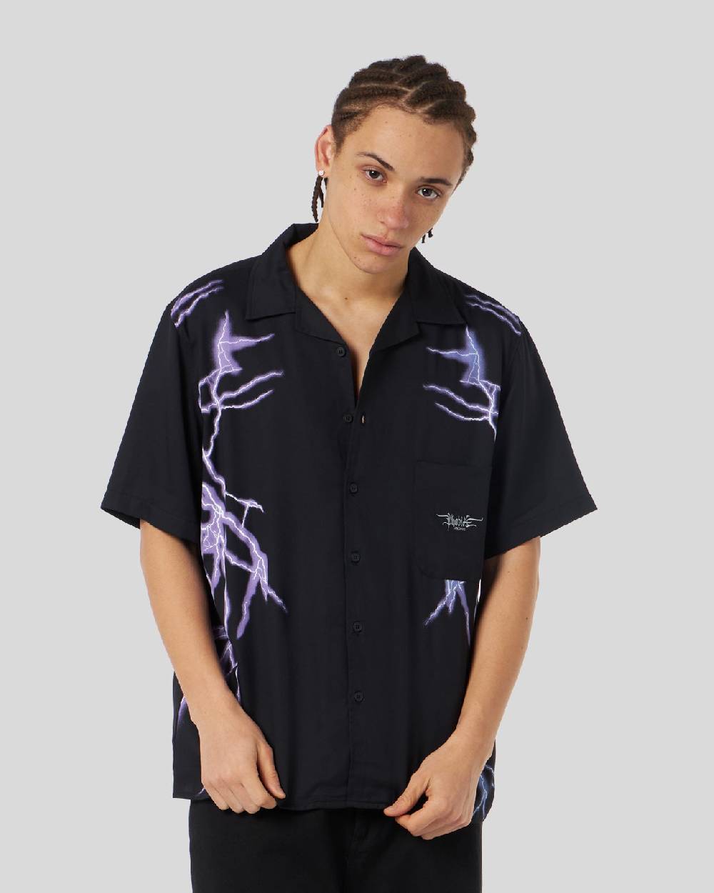 Phobia Archive CAMICIA NERA CON FULMINI LATERALI VIOLA Vendita