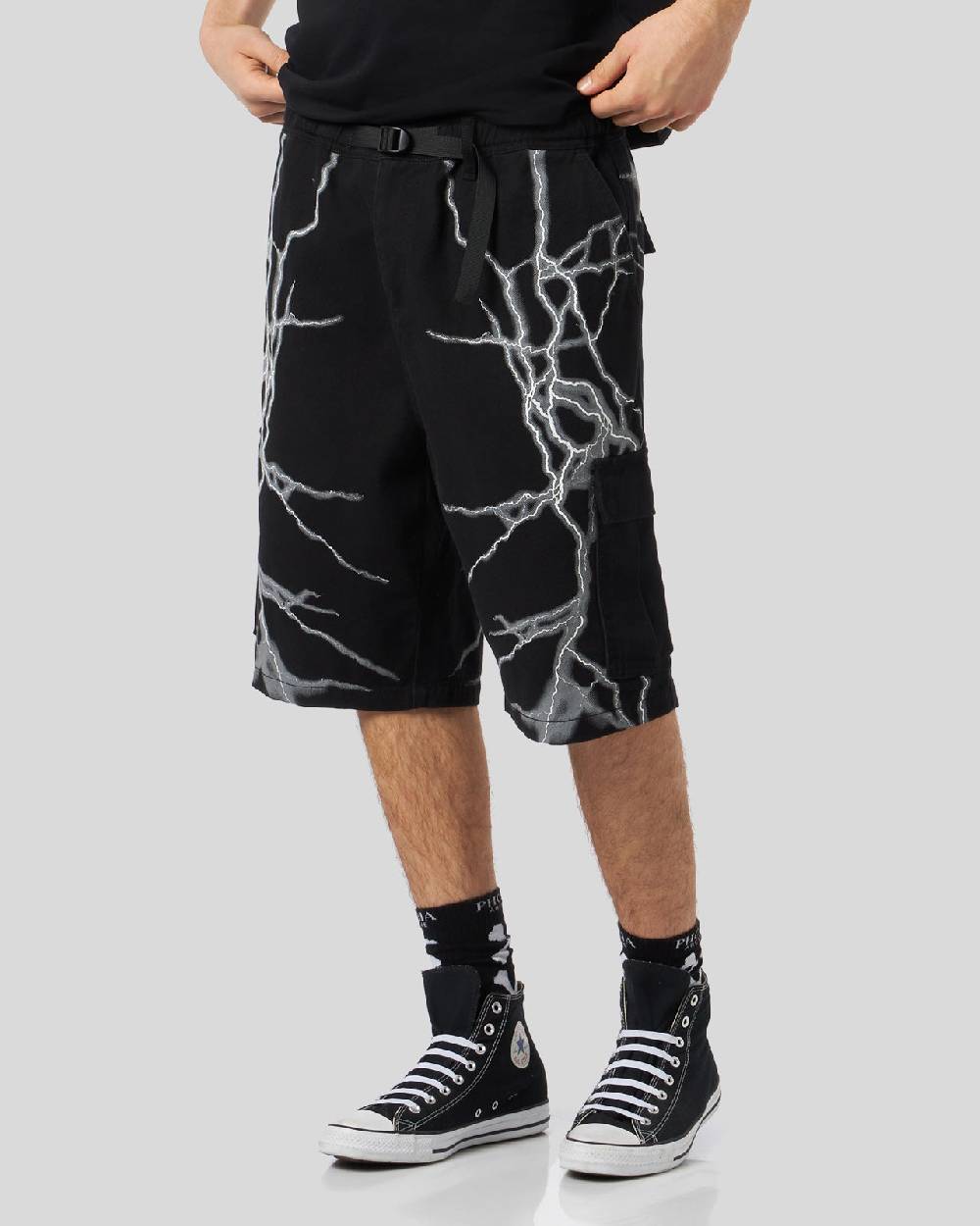 Phobia Archive PANTALONCINO CARGO NERO CON FULMINI LATERALI BIANCHI Pezzi Unici
