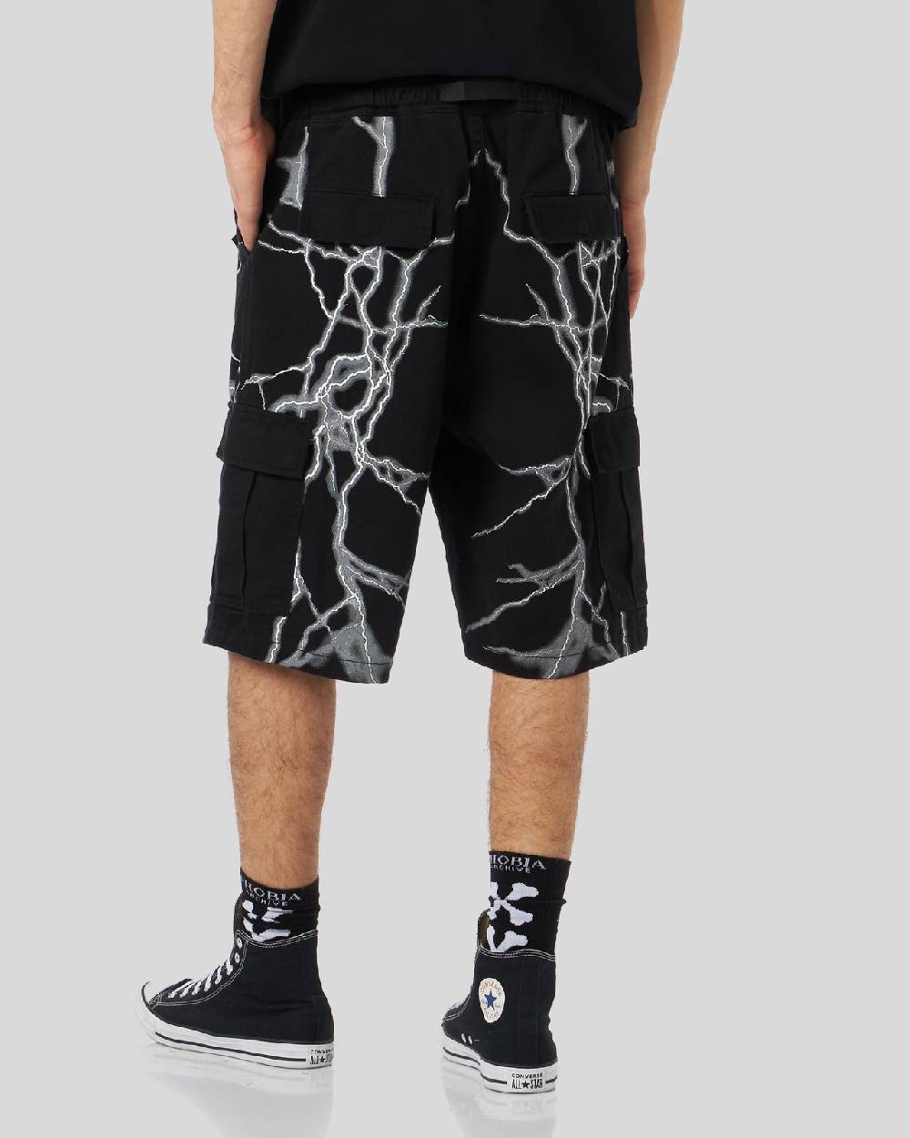 Phobia Archive PANTALONCINO CARGO NERO CON FULMINI LATERALI BIANCHI Pezzi Unici