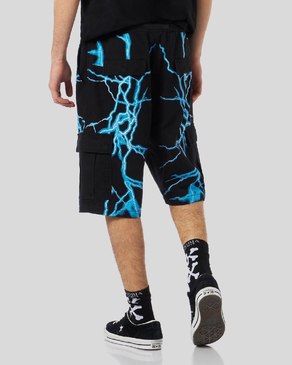 Phobia Archive PANTALONCINO CARGO NERO CON FULMINI LATERALI AZZURRI Qualità Garantita