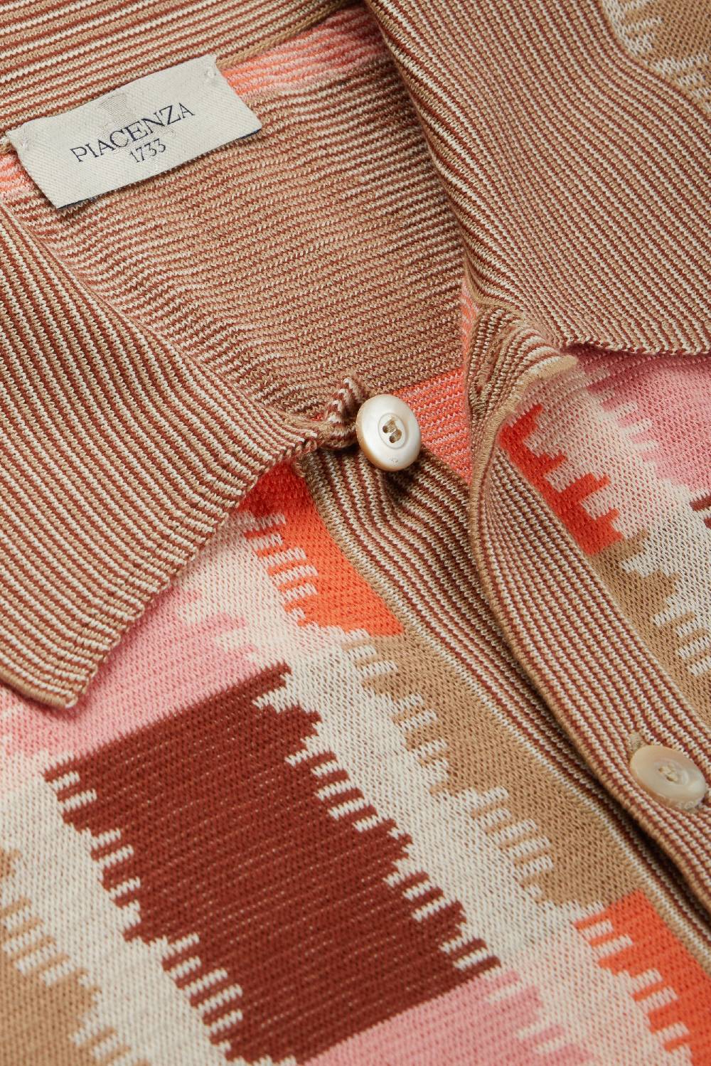 Piacenza 1733 Camicia maniche corte fil a fil ikat plaid jacquard rosa, naturale e bruciato Outlet