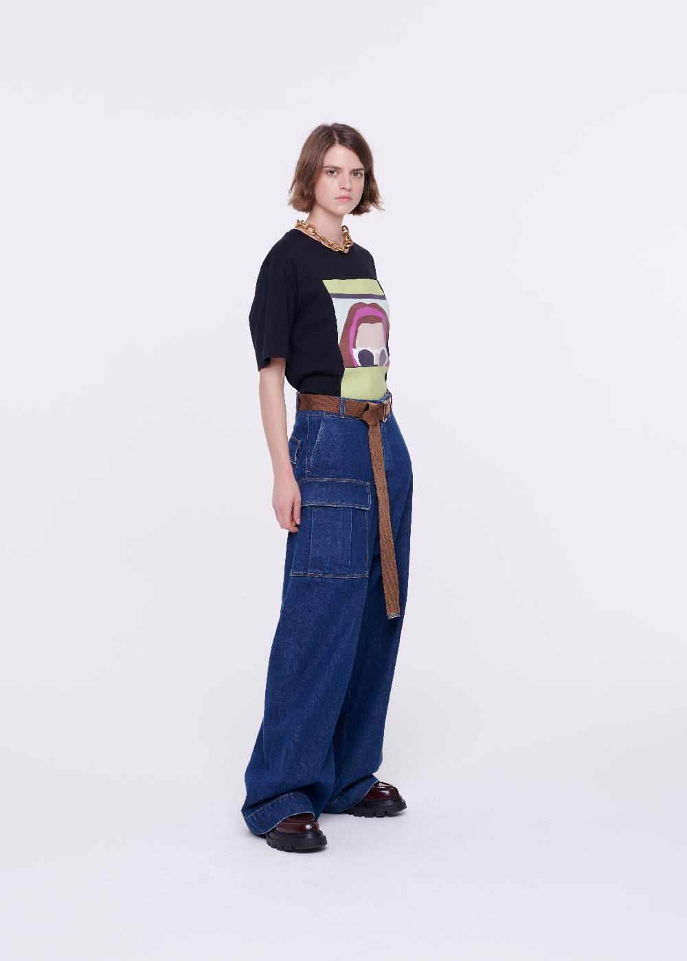 Plan C JEANS A GAMBA AMPIA CON CINTURA MARRONE In Linea
