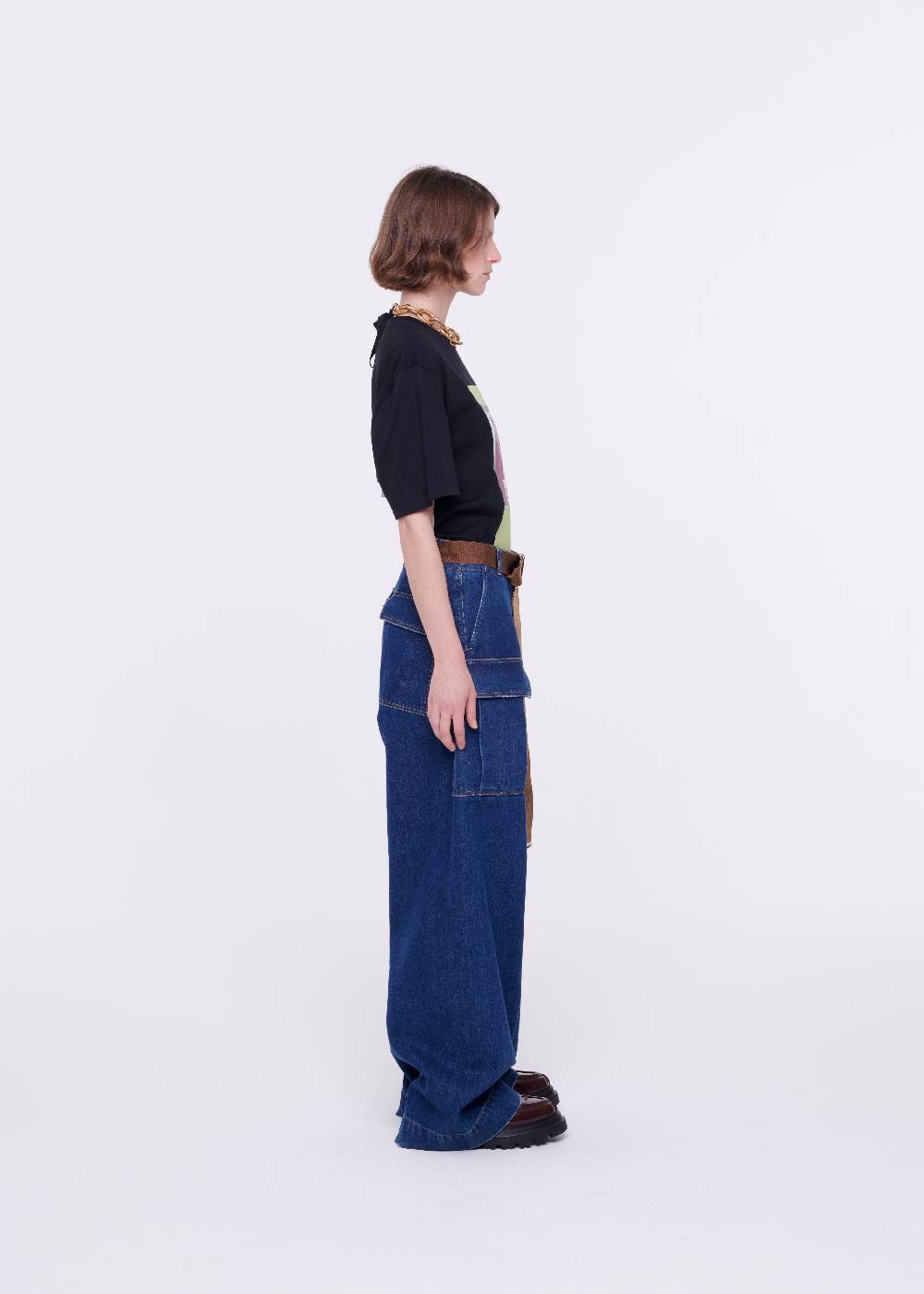 Plan C JEANS A GAMBA AMPIA CON CINTURA MARRONE In Linea