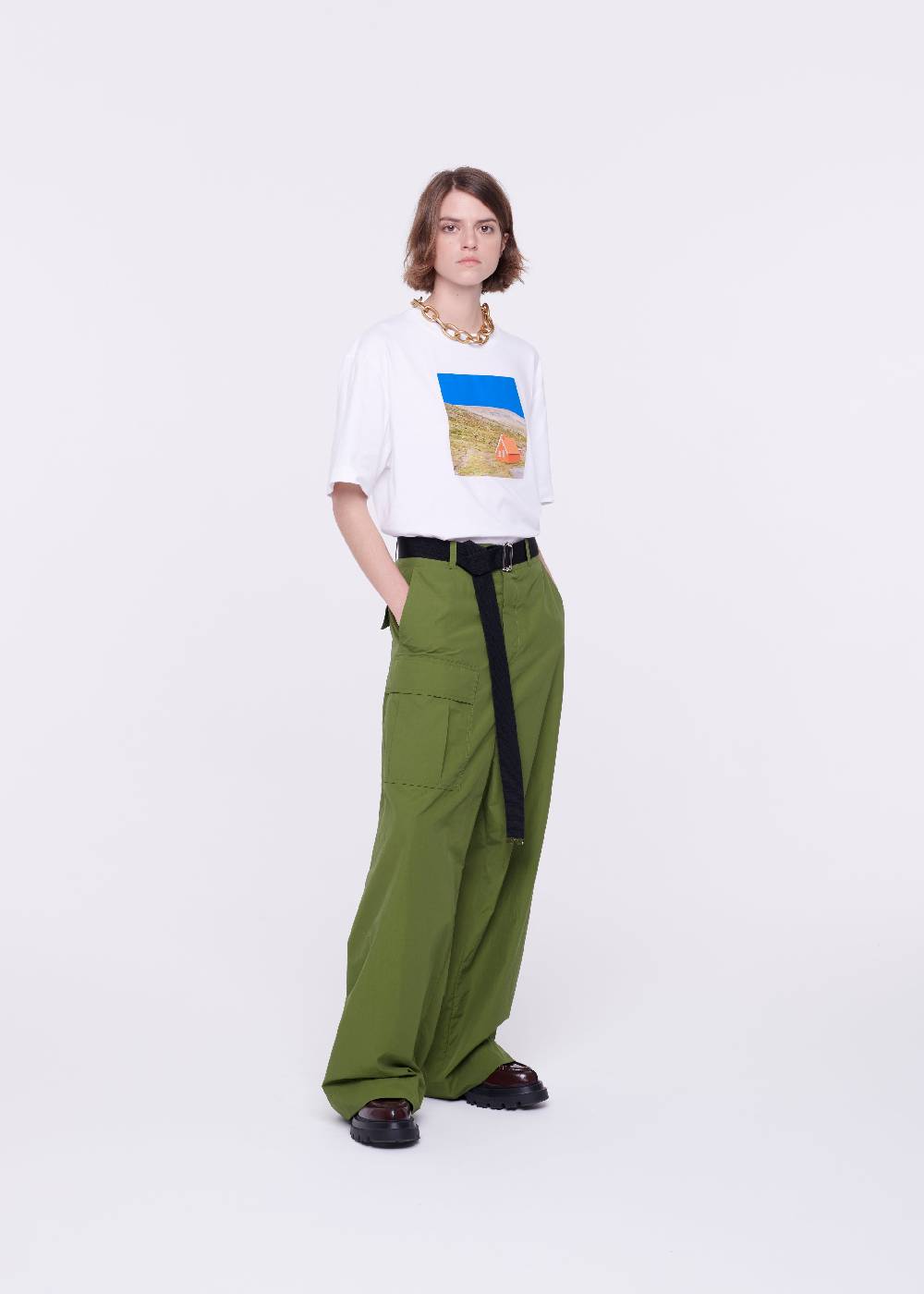 Plan C PANTALONI CARGO VERDE MILITARE CON CINTURA Promozione